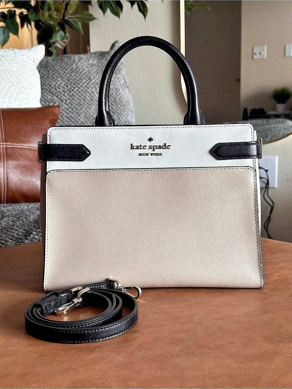Kate Spade Staci Colorblock Satchel Crossbody Bag Beige Cream Black